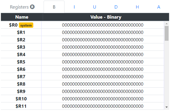 Image of the registers window in the application